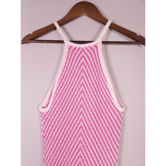 SAGE The Label Pink White Chevron Knit Halter Long Dress Size S Front Slit - Picture 11 of 11